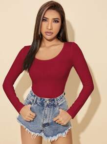 SHEIN PETITE Solid Scoop Neck Slim Tee - Burgundy - View 1