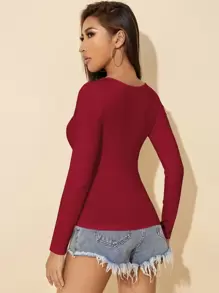 SHEIN PETITE Solid Scoop Neck Slim Tee - Burgundy - View 2