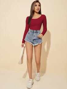 SHEIN PETITE Solid Scoop Neck Slim Tee - Burgundy - View 4