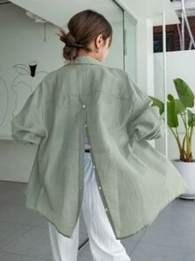 DAZY Blusa de manga larga con botones en la espalda y hombros caídos, sin top bandeau - verde menta - Ver 2