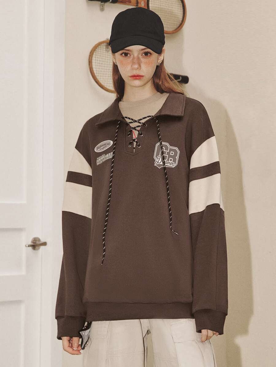 Áo nỉ Đồ họa Khẩu hiệu Coa dây Thả vai - Cà phê nâu - Xem 1