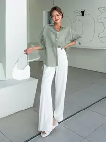 DAZY Blusa de manga larga con botones en la espalda y hombros caídos, sin top bandeau - verde menta - Ver 4