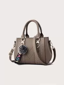 Pom Pom 装饰方形包刺绣细节挎包，PU 斜挎包，女士双手柄钱包带吊坠，母亲节送给妈妈的礼物优雅的蝴蝶结装饰手机钱包，时尚手机壳带卡槽和拉链口袋 - 卡其色 - 查看 1