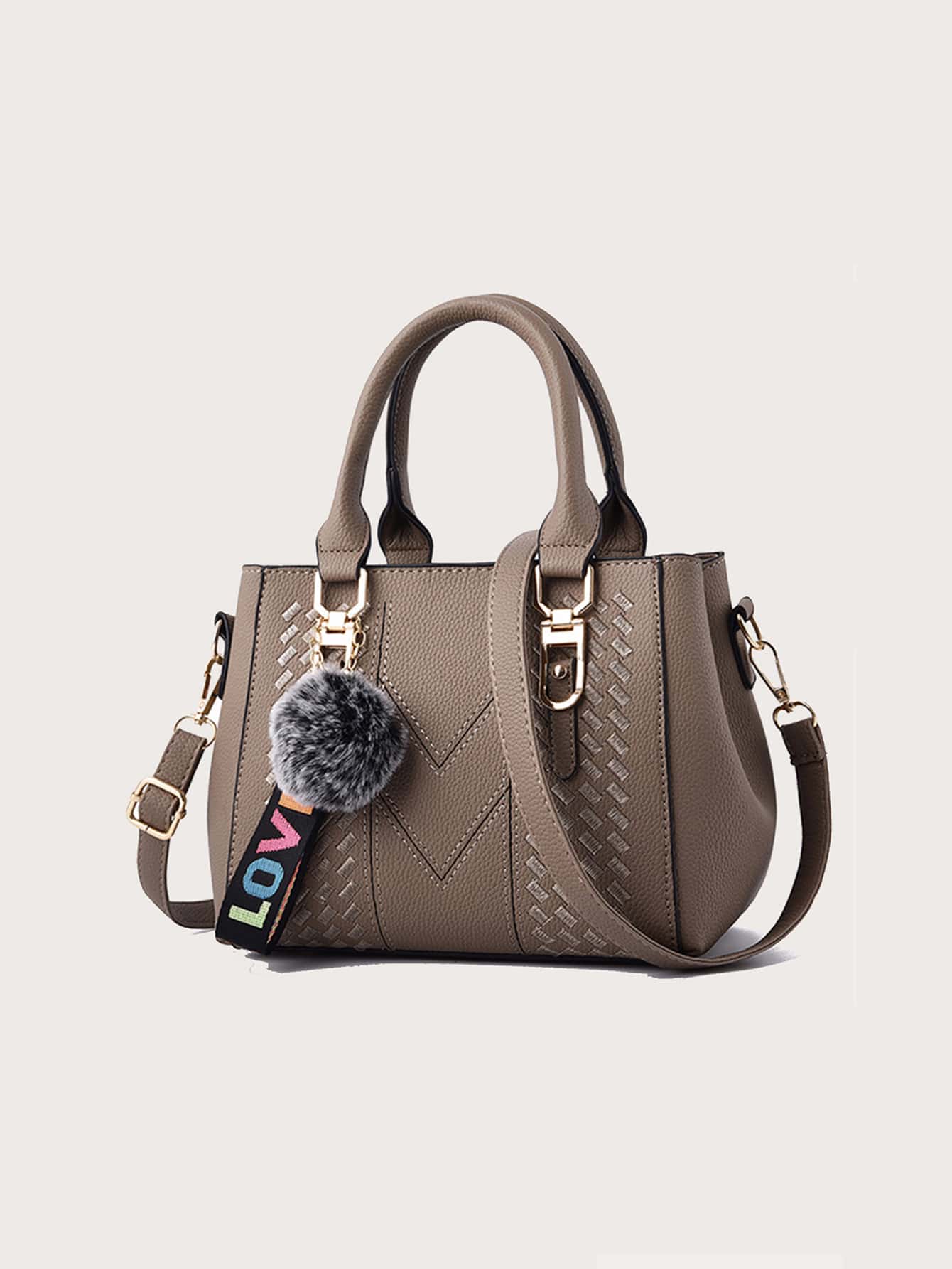 Pom Pom 装饰方形包刺绣细节挎包，PU 斜挎包，女士双手柄钱包带吊坠，母亲节送给妈妈的礼物优雅的蝴蝶结装饰手机钱包，时尚手机壳带卡槽和拉链口袋 - 卡其色 - 查看 1