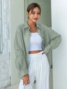 DAZY Blusa de manga larga con botones en la espalda y hombros caídos, sin top bandeau - verde menta - Ver 5