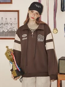 Áo nỉ Đồ họa Khẩu hiệu Coa dây Thả vai - Cà phê nâu - Xem 5