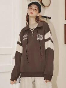 Áo nỉ Đồ họa Khẩu hiệu Coa dây Thả vai - Cà phê nâu - Xem 6