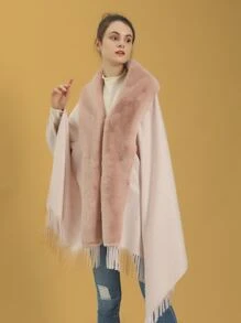 1pc Women's Multi-color Solid Warm Classic Fur Collar Split Shawl Suitable For Daily And Party Use - Pink - View 1