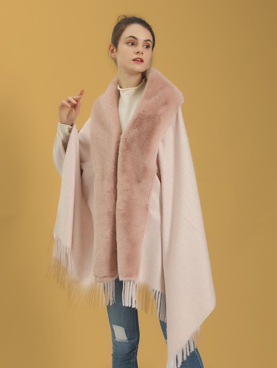 1pc Women's Multi-color Solid Warm Classic Fur Collar Split Shawl Suitable For Daily And Party Use - Pink - View 1