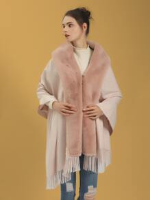1pc Women's Multi-color Solid Warm Classic Fur Collar Split Shawl Suitable For Daily And Party Use - Pink - View 3