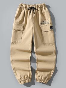 SHEIN Boys Slogan Graphic Flap Pocket Cargo Pants - Khaki - View 1