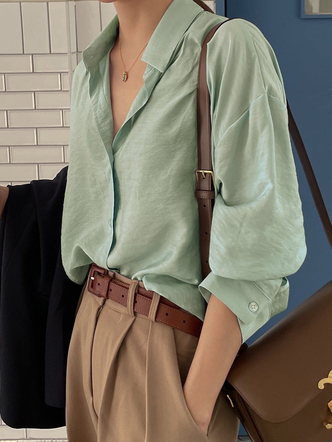 DAZY Button Up Drop Shoulder Shirt,Fall Clothes Preppy Tops Long Sleeve Top - Mint Green - View 1