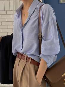 DAZY Button Up Drop Shoulder Shirt,Fall Clothes - Dusty Blue - View 1