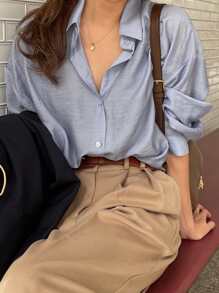 DAZY Button Up Drop Shoulder Shirt,Fall Clothes - Dusty Blue - View 2