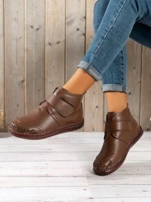 Brown Solid Color American Style Short Boots With Hook & Loop Fastener And Warm Lining - Brown - View 1