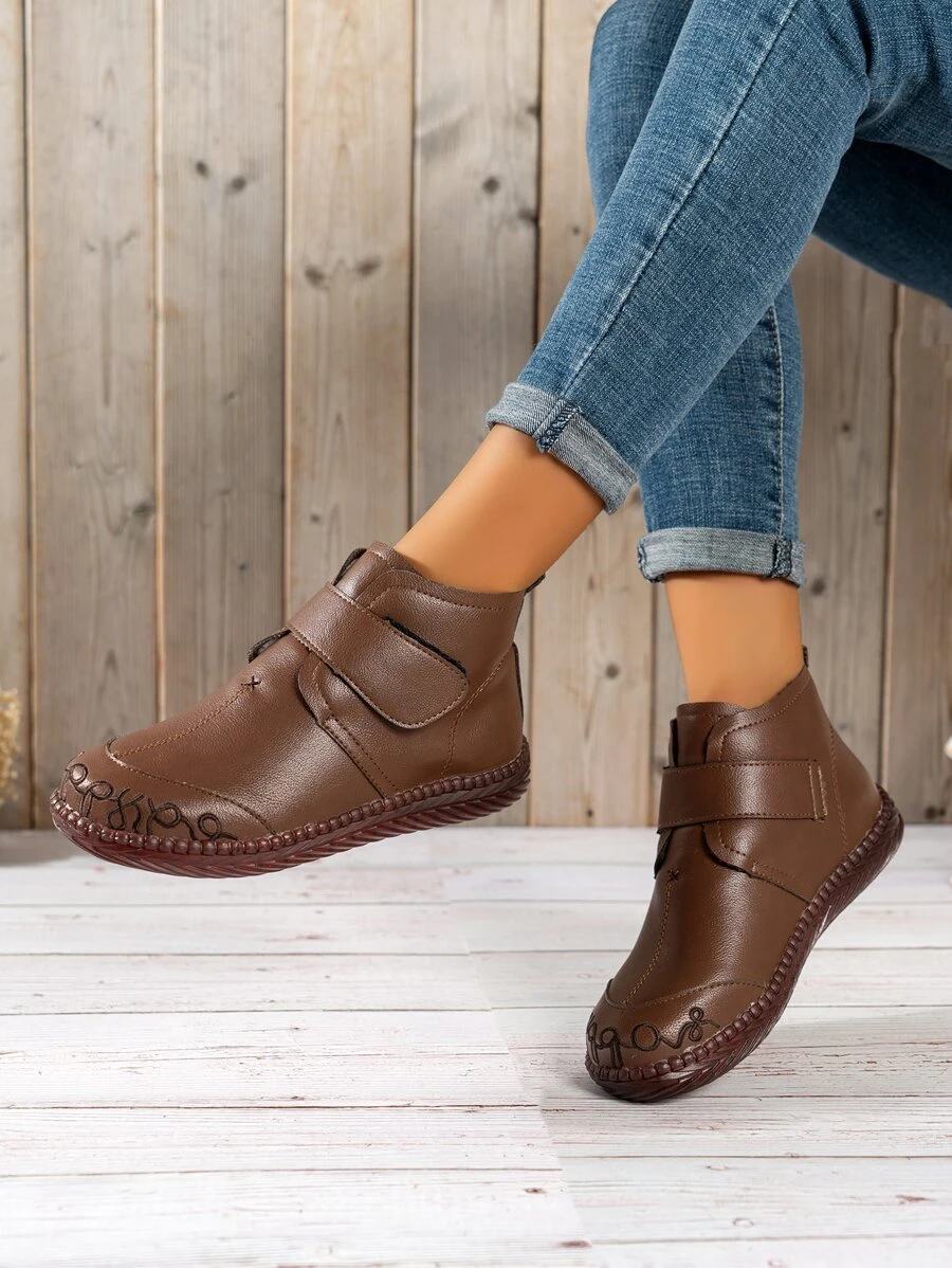 Brown Solid Color American Style Short Boots With Hook & Loop Fastener And Warm Lining - Brown - View 1