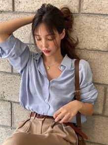 DAZY Button Up Drop Shoulder Shirt,Fall Clothes - Dusty Blue - View 6