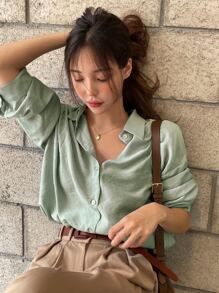 DAZY Button Up Drop Shoulder Shirt,Fall Clothes Preppy Tops Long Sleeve Top - Mint Green - View 4