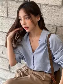 DAZY Button Up Drop Shoulder Shirt,Fall Clothes - Dusty Blue - View 8