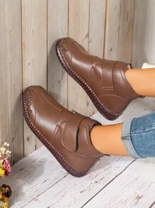 Brown Solid Color American Style Short Boots With Hook & Loop Fastener And Warm Lining - Brown - View 2
