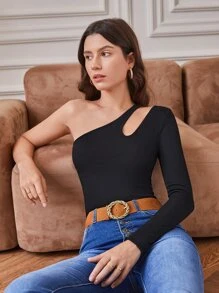 SHEIN Frenchy One Shoulder Cut Out Tee Winter Black - Black - View 4