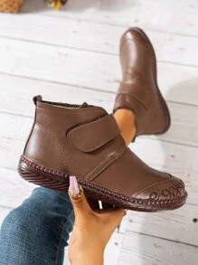 Brown Solid Color American Style Short Boots With Hook & Loop Fastener And Warm Lining - Brown - View 3