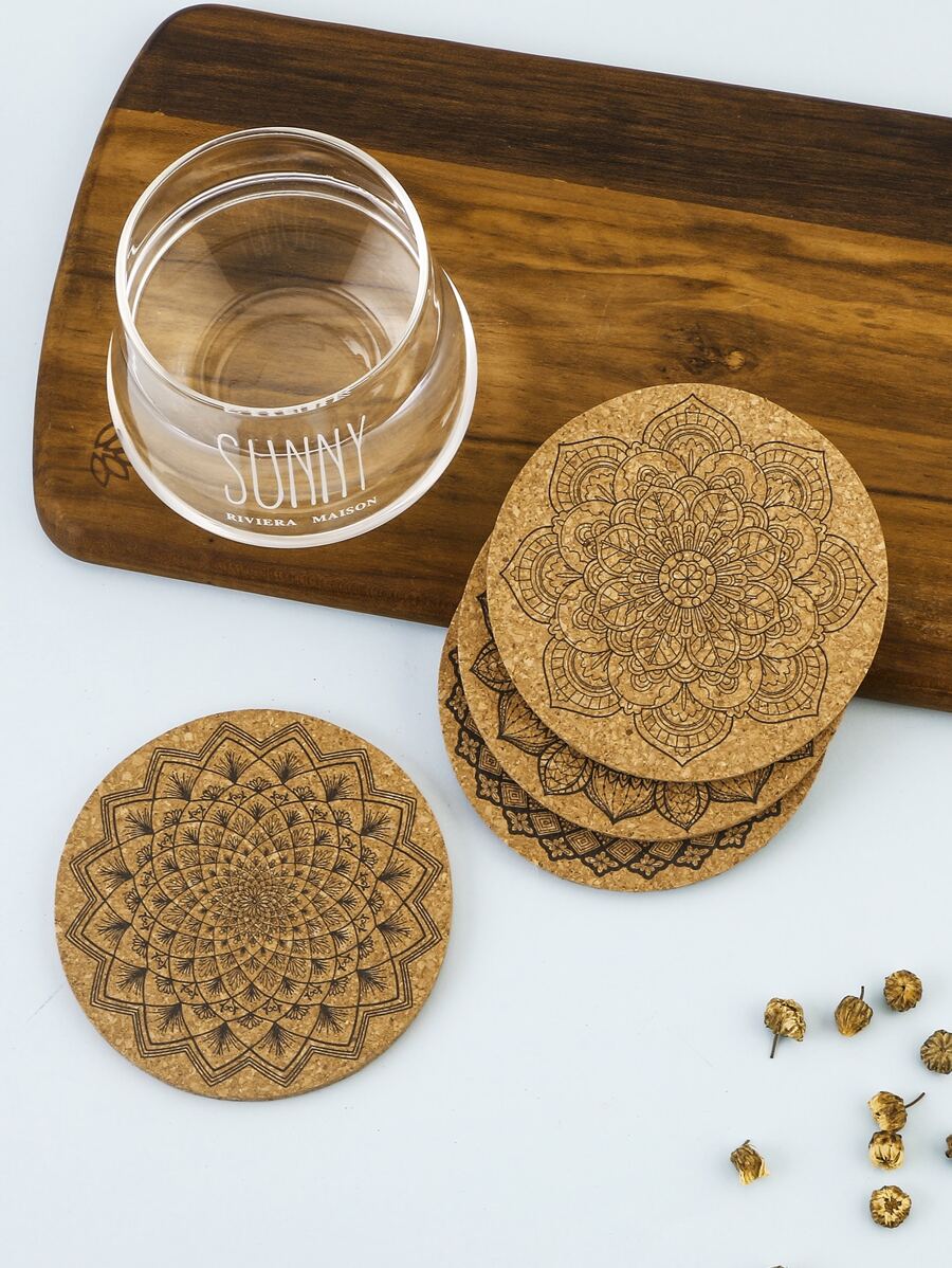 4 piezas Portavasos con patrón de mándala de madera - Multicolor - Ver 1