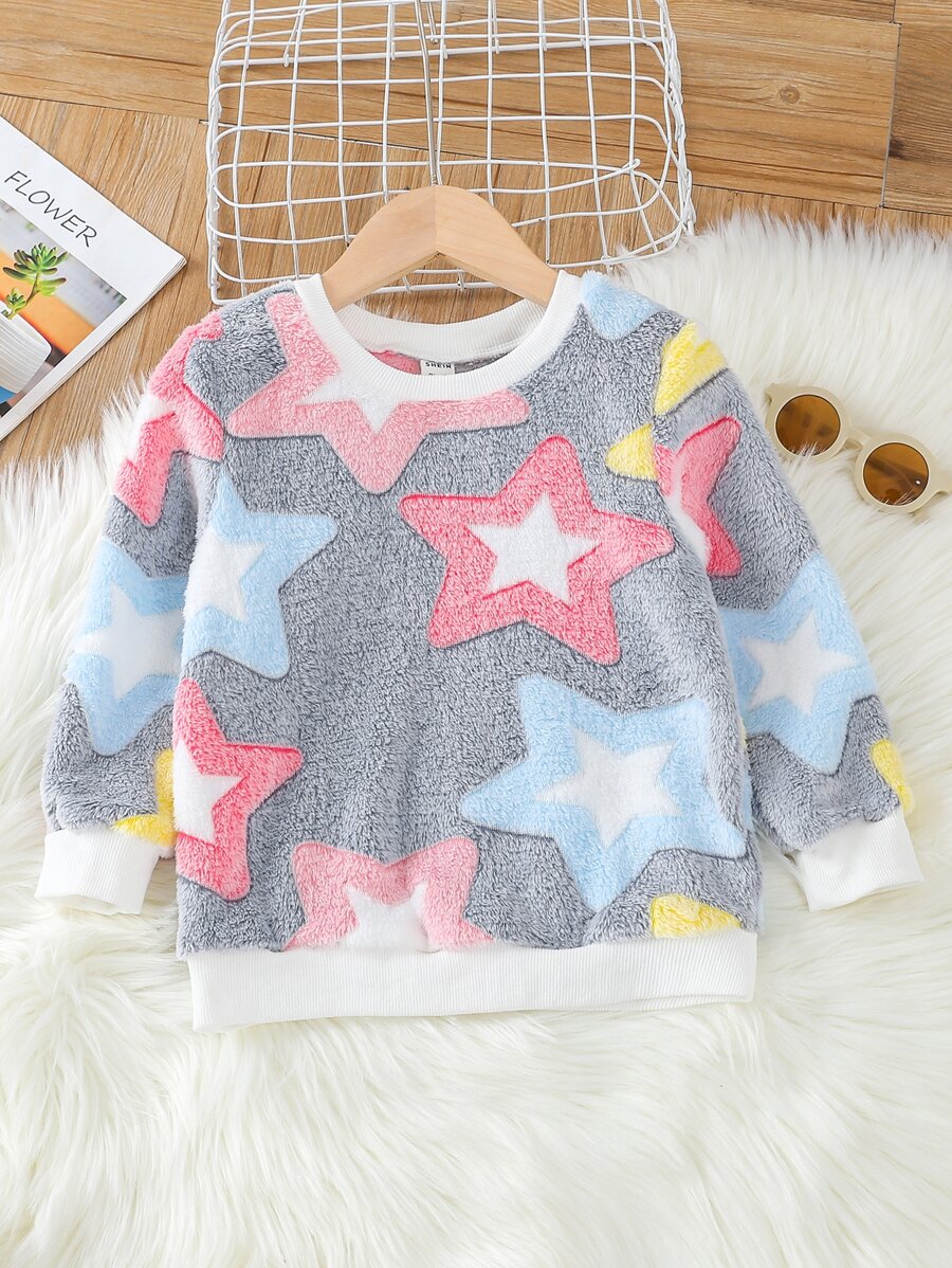 SHEIN Toddler Girls Star Pattern Teddy Sweatshirt - Multicolor - View 1