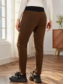 SHEIN Maternity Adjustable Waist Slant Pocket Trousers - Brown - View 3