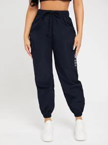 SHEIN PETITE Slogan Patched Drawstring Pants - Navy Blue - View 1