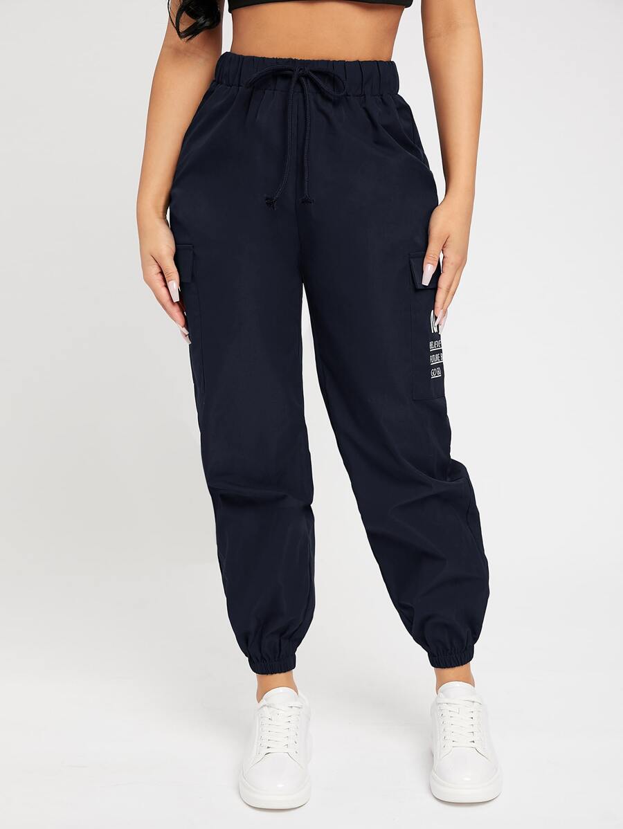 SHEIN PETITE Slogan Patched Drawstring Pants - Navy Blue - View 1