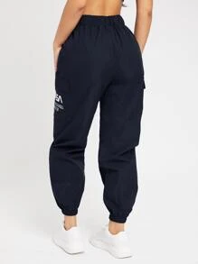 SHEIN PETITE Slogan Patched Drawstring Pants - Navy Blue - View 2