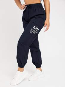 SHEIN PETITE Slogan Patched Drawstring Pants - Navy Blue - View 3