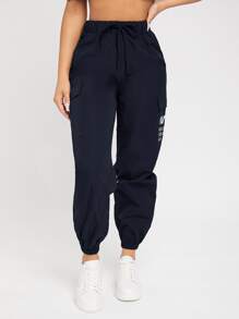 SHEIN PETITE Slogan Patched Drawstring Pants - Navy Blue - View 4