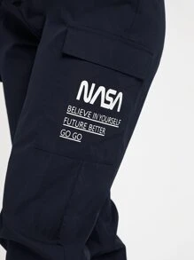 SHEIN PETITE Slogan Patched Drawstring Pants - Navy Blue - View 5