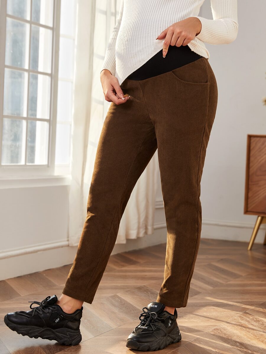 SHEIN Maternity Adjustable Waist Slant Pocket Trousers - Brown - View 1