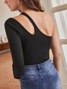 SHEIN Frenchy One Shoulder Cut Out Tee Winter Black - Black - View 5