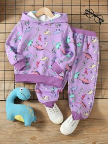 小女童恐龍印花連帽衫和運動褲 - 紫色 - 查看 1