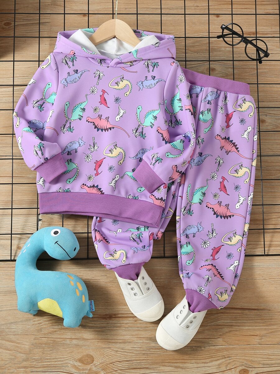 小女童恐龍印花連帽衫和運動褲 - 紫色 - 查看 1
