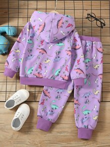 小女童恐龍印花連帽衫和運動褲 - 紫色 - 查看 2