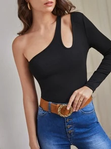 SHEIN Frenchy One Shoulder Cut Out Tee Winter Black - Black - View 2