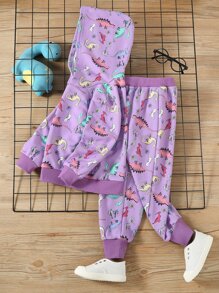 小女童恐龍印花連帽衫和運動褲 - 紫色 - 查看 4