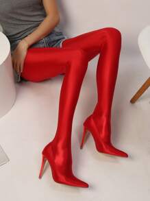Stiletto Heeled Sock Boots - Red - View 5
