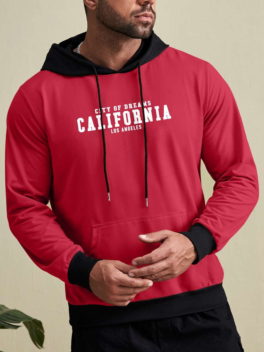 Manfinity Men Plus Letter Graphic Drawstring Detail Kangaroo Pocket Hoodie - Red - View 1