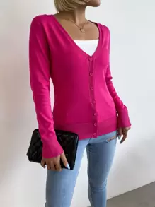 AAmilife 素色單排釦開襟衫 - 玫紅色 - 查看 2