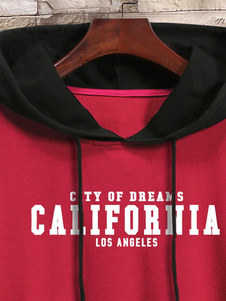 Manfinity Hombres Capucha con estampado de letra con diseño con cordón con bolsillo de canguro - Rojo - Añade 3