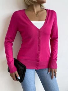 AAmilife 素色單排釦開襟衫 - 玫紅色 - 查看 6