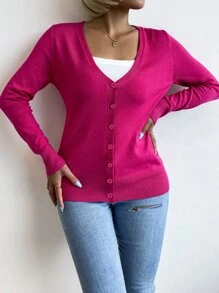 AAmilife 素色單排釦開襟衫 - 玫紅色 - 查看 7