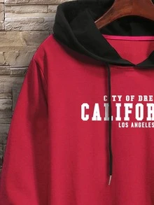 Manfinity Men Plus Letter Graphic Drawstring Detail Kangaroo Pocket Hoodie - Red - View 5