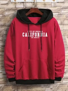 Manfinity Men Plus Letter Graphic Drawstring Detail Kangaroo Pocket Hoodie - Red - View 6